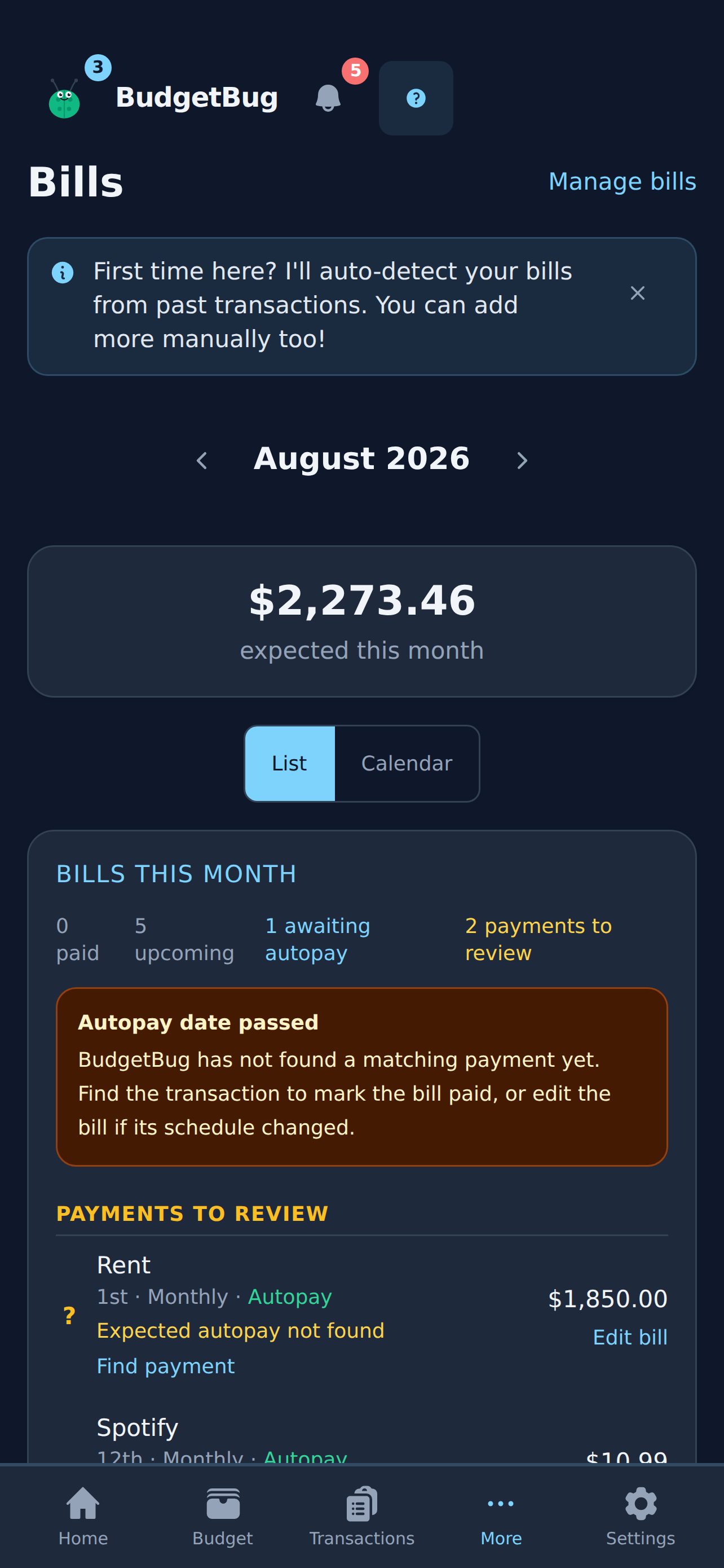 Bills screen in BudgetBug dark mode