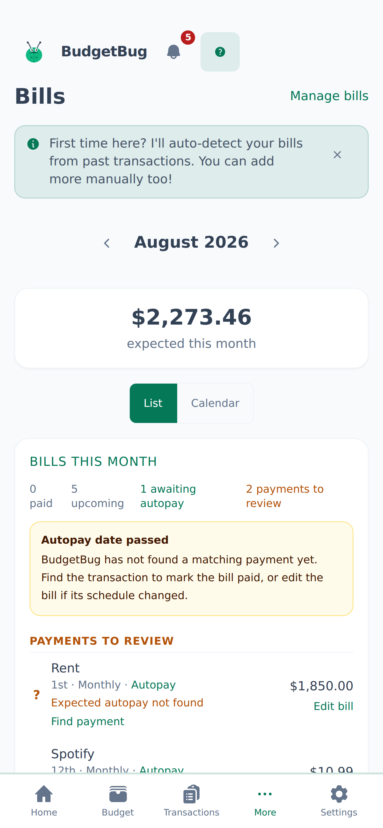Bills screen in BudgetBug light mode