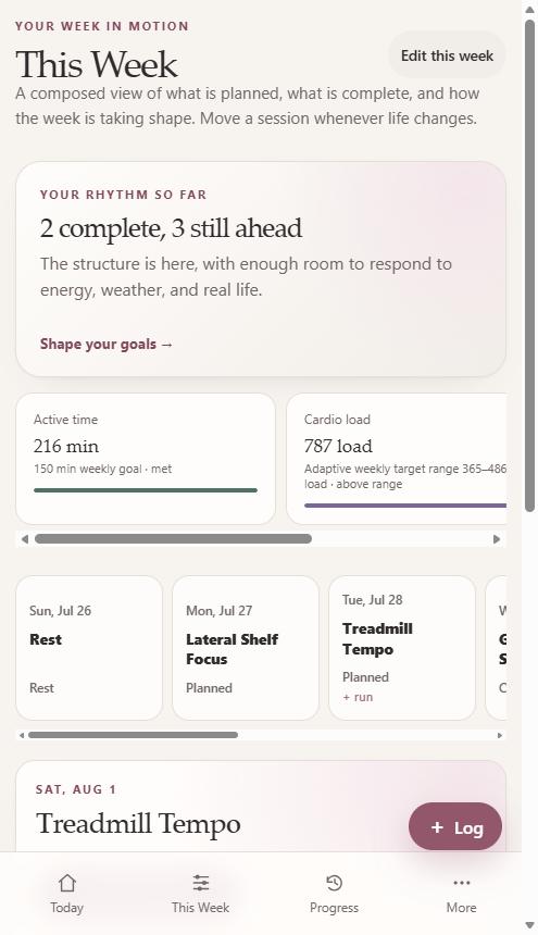 Sculpt Studio — This Week screen showing planned and completed sessions with active time and cardio load
